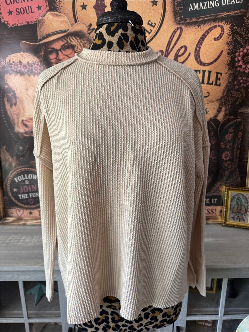 Zenana Neutral Cream Ribbed Knit L/S Top  Size S/M